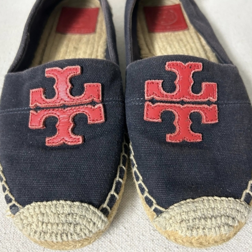 Tory Burch Weston Espadrille Women’s 6 Navy Blue Canvas Red Logo Slip On Shoes - Picture 2 of 9